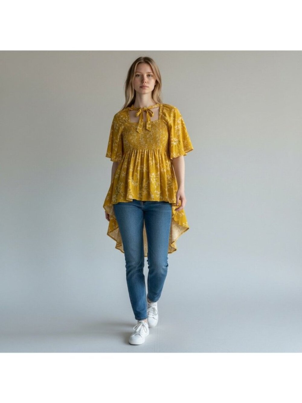 Torrid Yellow Floral High-Low Smocked Blouse With Tie Neck 3 Rayon Lightweight